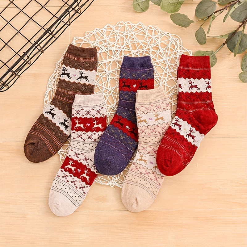 5 Pairs Elk Print Socks, Christmas Comfy & Warm Mid Tube Socks, Women's Stockings & Hosiery