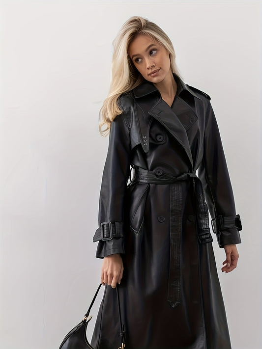LISA Faux Leather Belted Double Breasted Lapel Neck Long Sleeve Coat