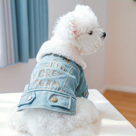 RAPAIDE 1pc Letter Embroidered Pet Denim Coat For Autumn And Winter Dog Warm Clothes