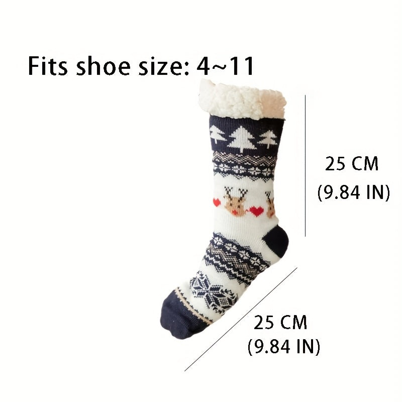 1 Pair Christmas Elements Print Fuzzy Socks Ith Non-slip Bottom, Soft Comfortable Outdoor Winter Warm Thick Socks