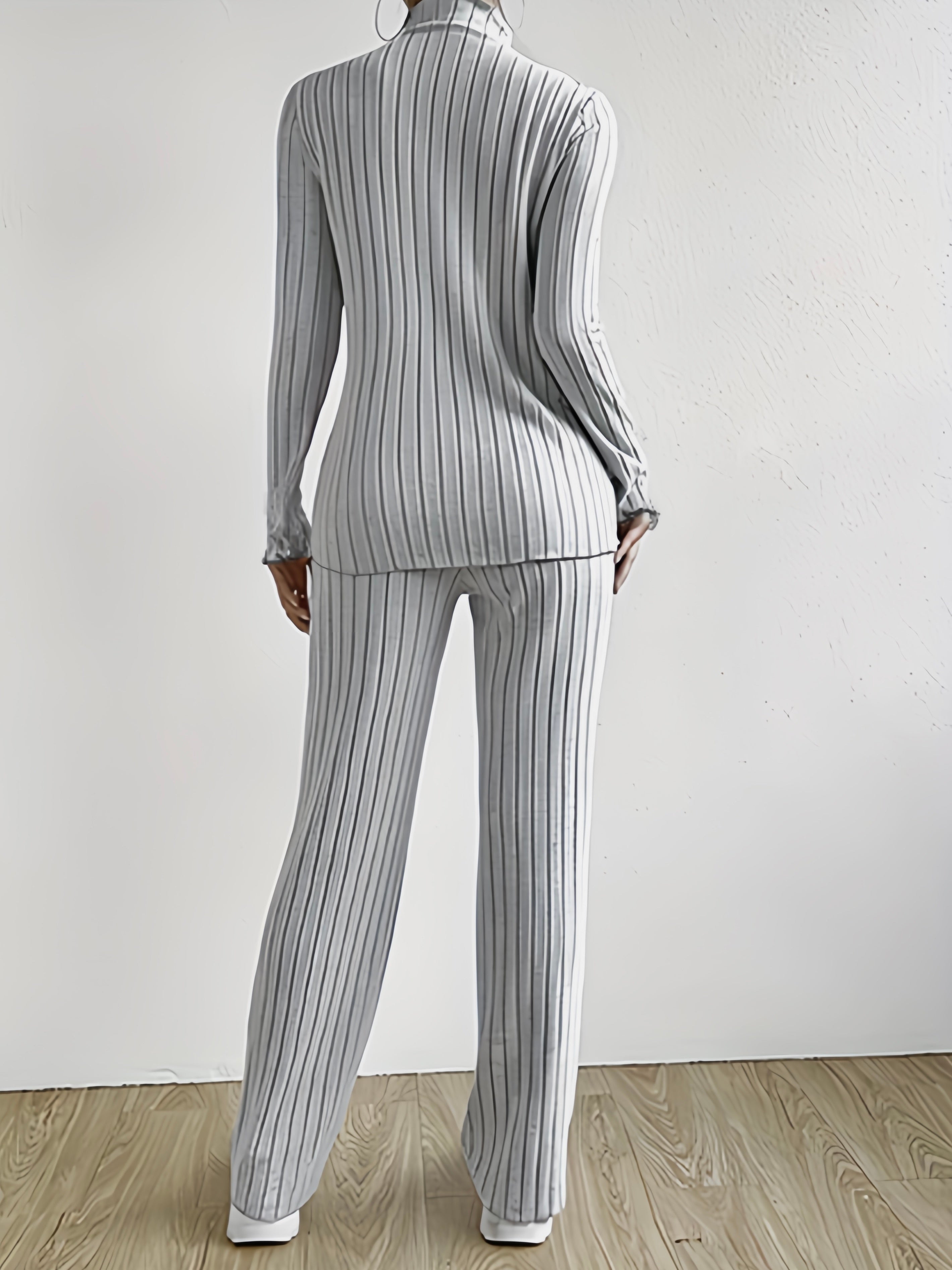 ROSE Solid Ribbed Two-piece Set, Funnel Neck Long Sleeve Tops & High Waist Wide Leg Pants