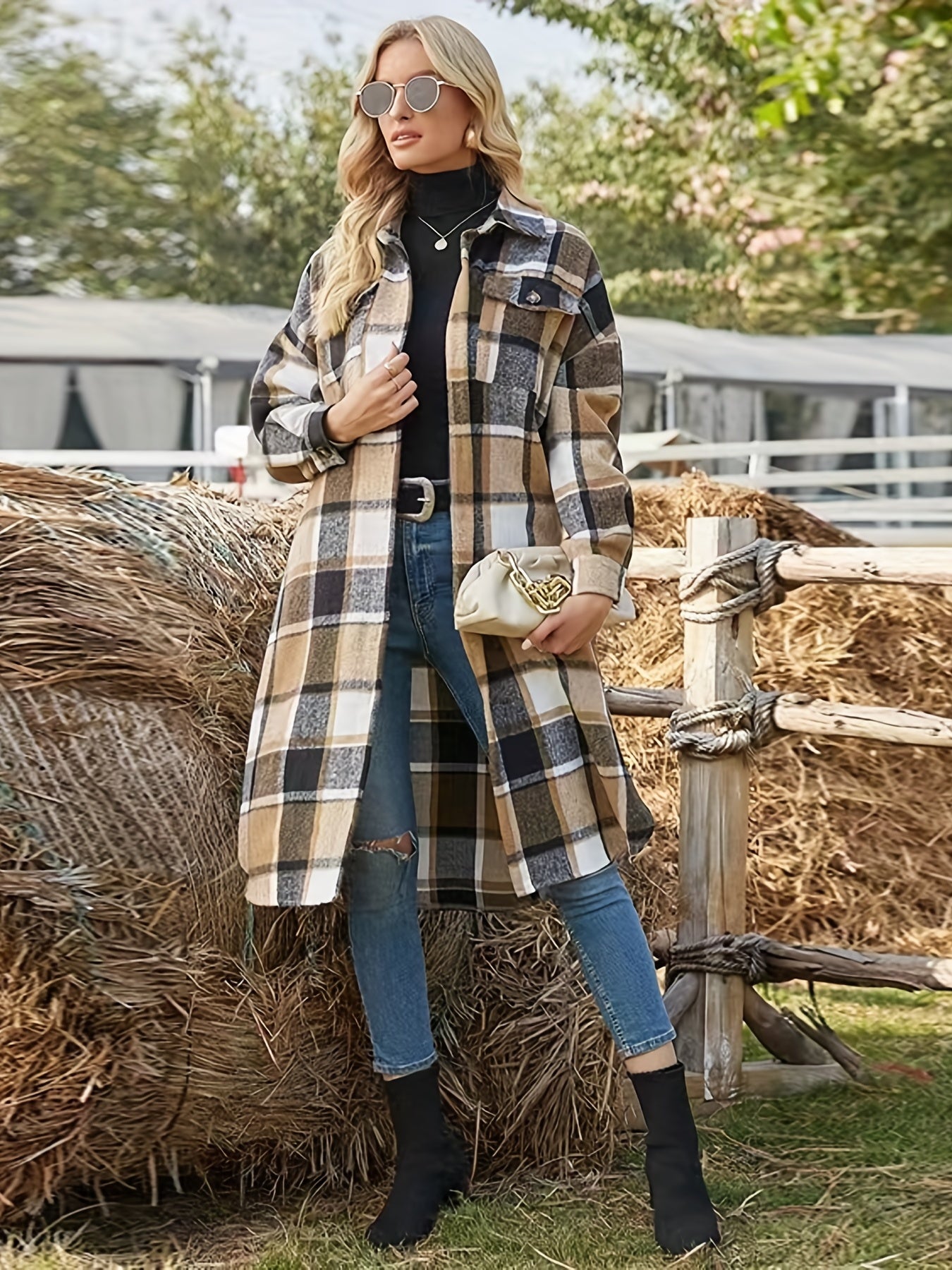 LISA Vintage Long Sleeve Plaid Button Front Trench Coat