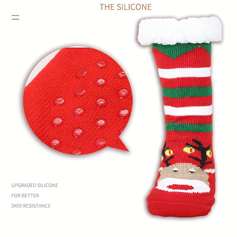 1 Pair Christmas Elements Print Fuzzy Socks Ith Non-slip Bottom, Soft Comfortable Outdoor Winter Warm Thick Socks