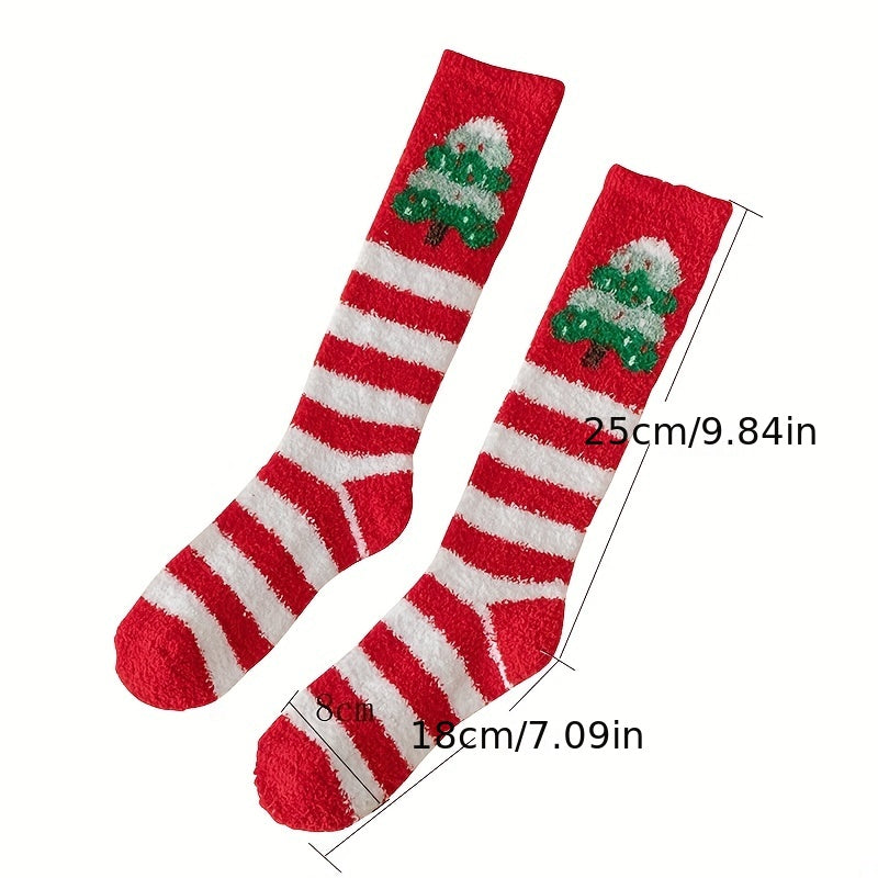 Christmas Print Calf Socks, Cute Fuzzy Knee High Socks, Women's Stockings & Hosiery