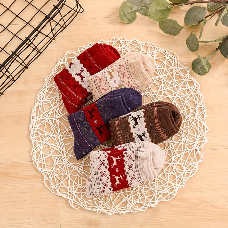 5 Pairs Elk Print Socks, Christmas Comfy & Warm Mid Tube Socks, Women's Stockings & Hosiery