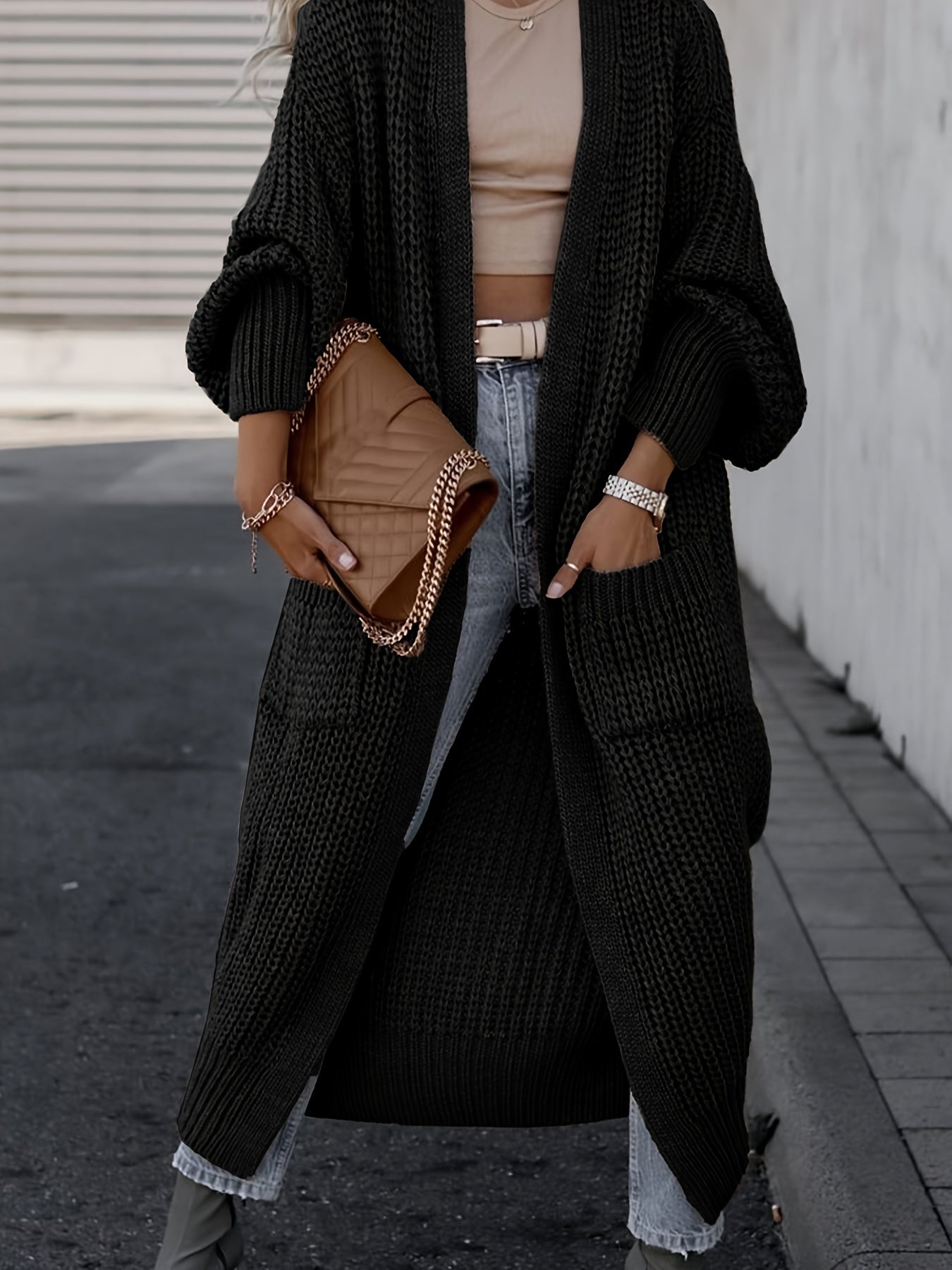 Solid Open Front Pocket Cardigan Long Sweater