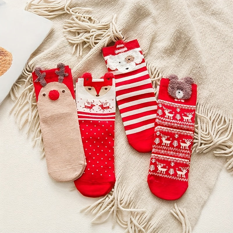 4pairs Autumn And Winter Outdoor Travel Medium Tube Socks, Women's Christmas Cartoon Animal Pattern Socks Cute Cartoon Christmas Socks Christmas Gifts