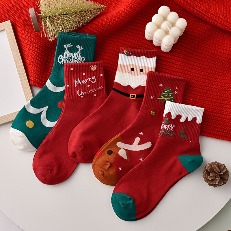 5 Pairs Christmas Print Socks, Comfy & Cute Mid Tube Socks, Women's Stockings & Hosiery