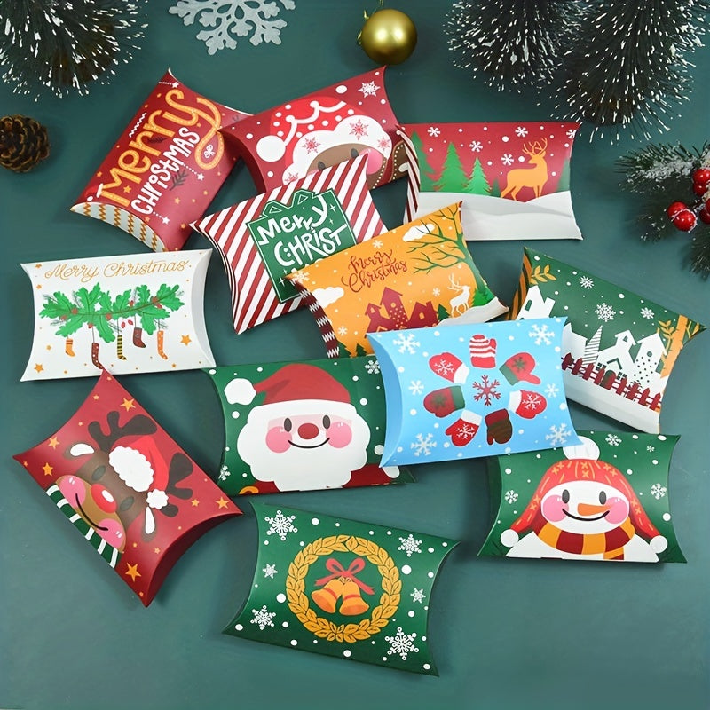 12pcs, Christmas Pillow Shape Candy Box Merry Christmas Kraft Paper Gift Box Packaging Favors Happy New Year Navidad 2023, Cheapest Items Available, Clearance Sale, Small Business Supplies, Candy Box, Chocolate Packaging Box, Party Favors
