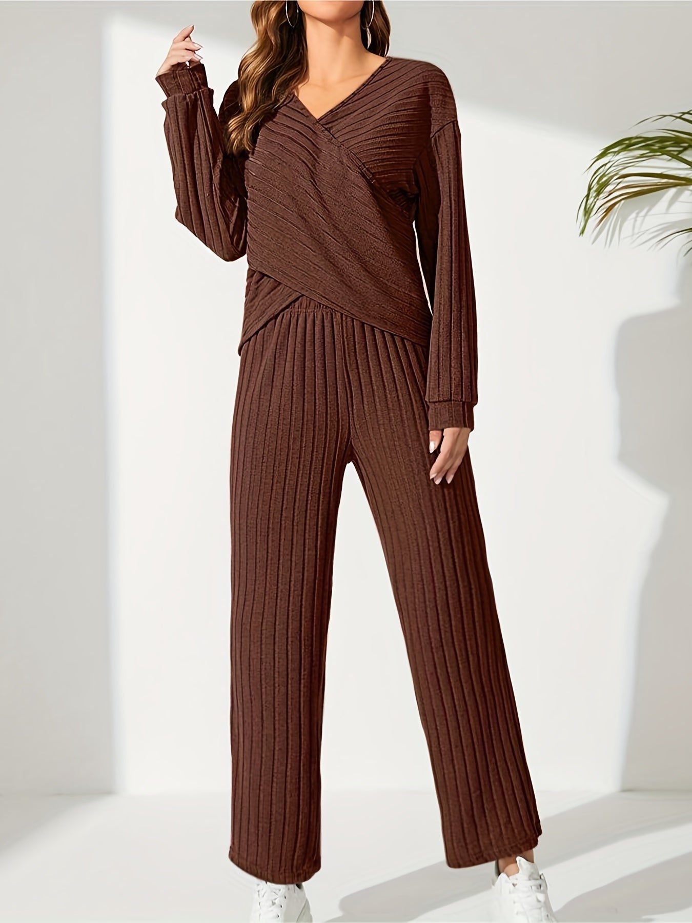 JENNIE Solid Rib Knit Two-piece Set, Casual Cross Front Long Sleeve Top & Slim Pants