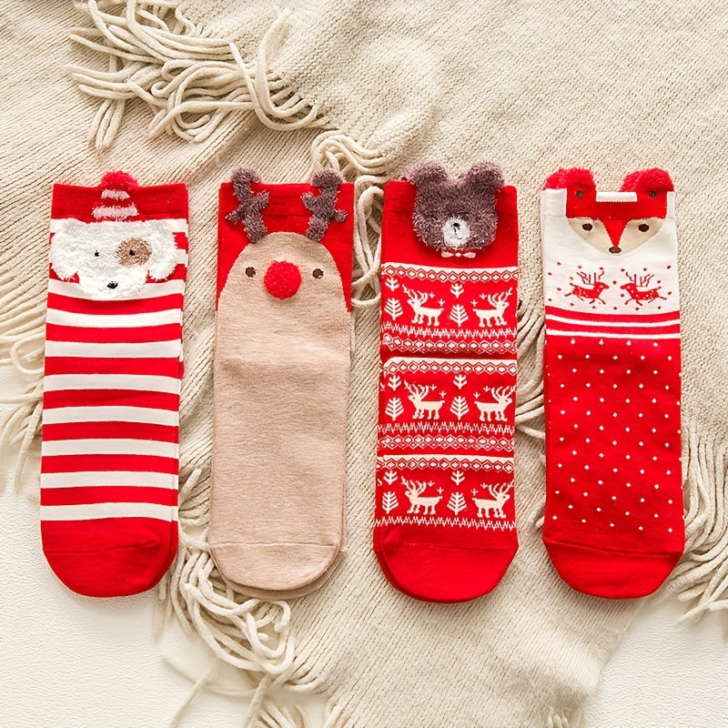 4pairs Autumn And Winter Outdoor Travel Medium Tube Socks, Women's Christmas Cartoon Animal Pattern Socks Cute Cartoon Christmas Socks Christmas Gifts
