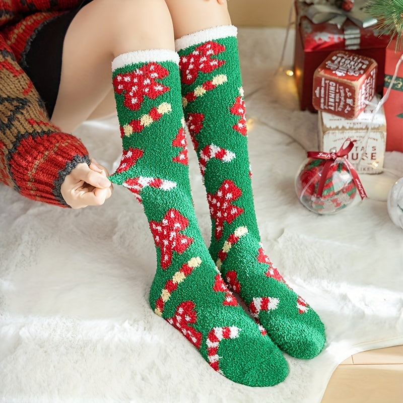 Christmas Print Calf Socks, Cute Fuzzy Knee High Socks, Women's Stockings & Hosiery