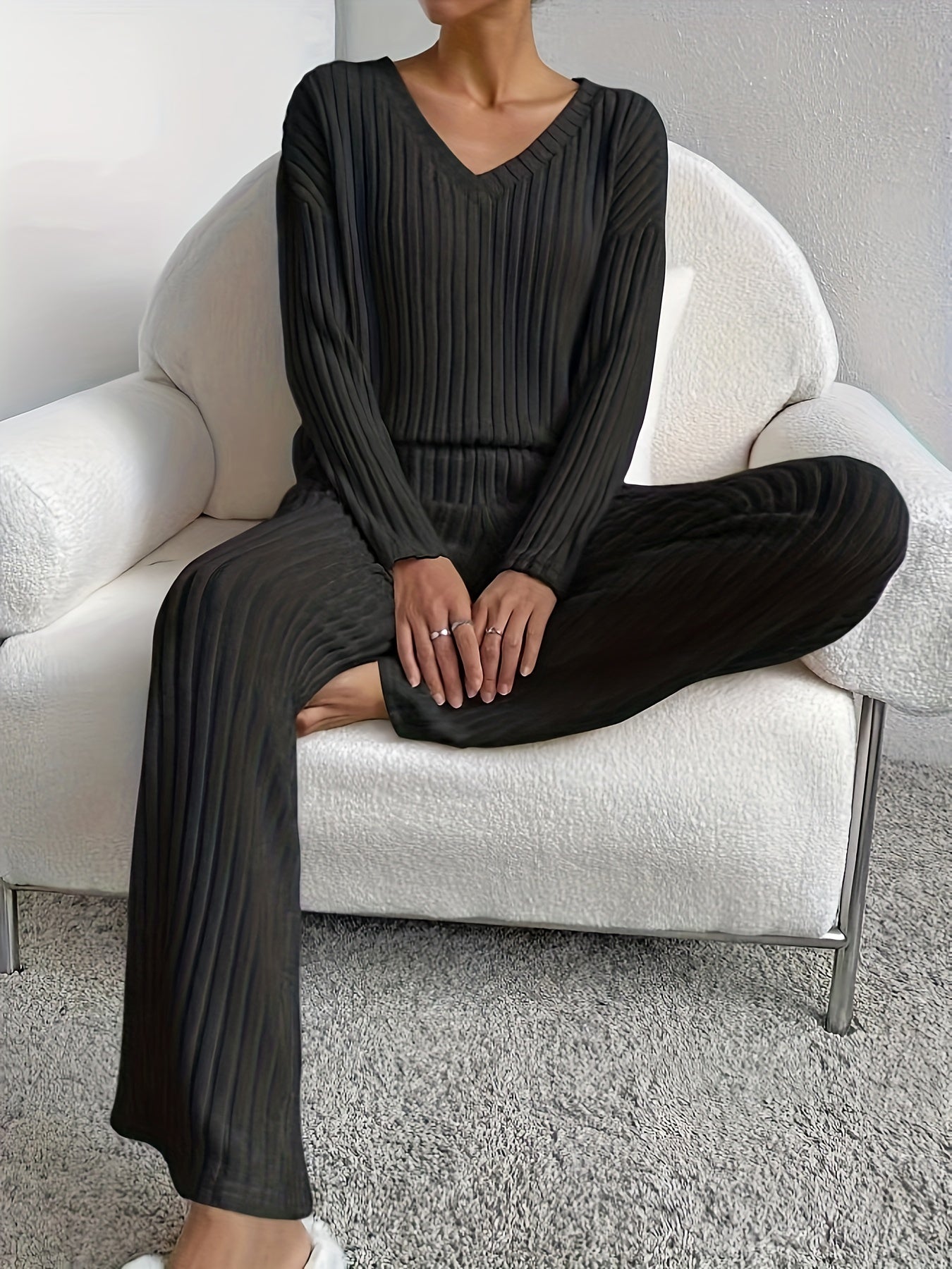 JENNIE Ribbed Casual Two-piece Set, V Neck Long Sleeve Tops & Wide Leg Pants
