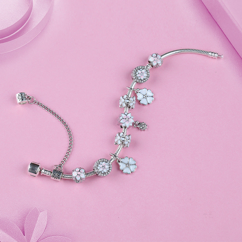 中式 Ancient Silver Sakura Flower Pendant Bracelets