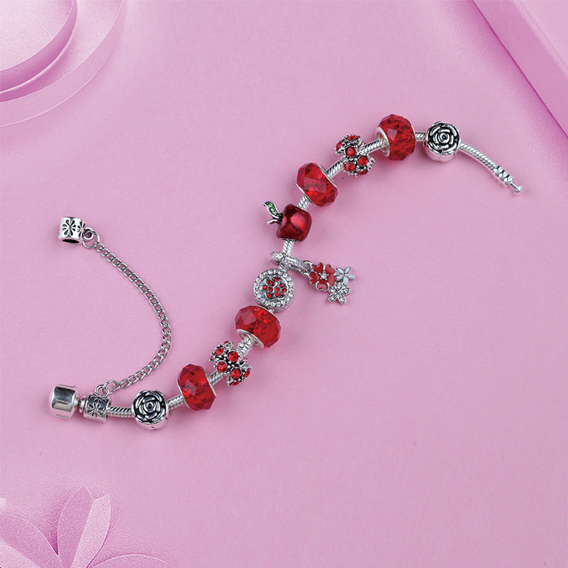 中式 Red Crystal Beaded Floral Pendant Bracelet