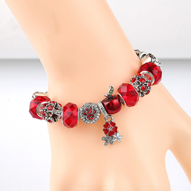 中式 Red Crystal Beaded Floral Pendant Bracelet