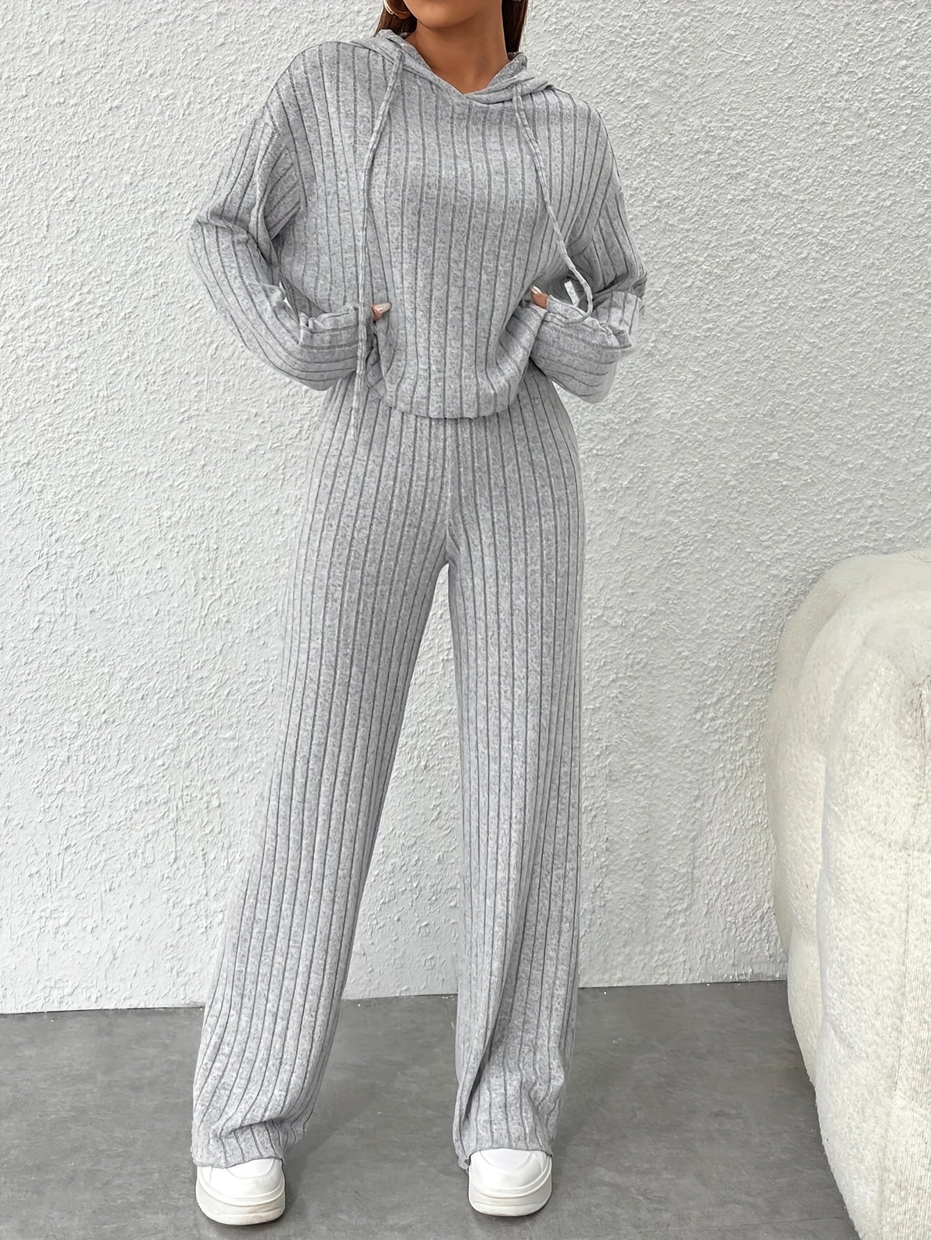 JENNIE Casual Ribbed Two-piece Set, Drawstring Long Sleeve Hoodie & Wide Leg Pants Outfits