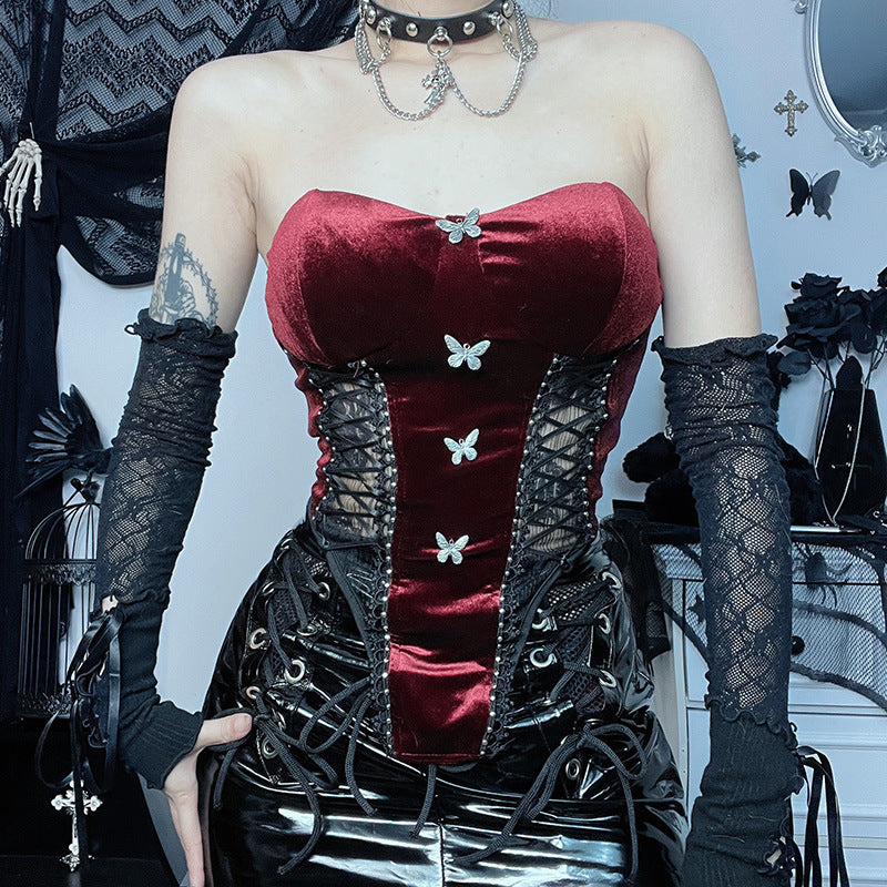 HAERIN Gothic Sexy Style Openwork Strap Velvet Top Stitching Overskirt