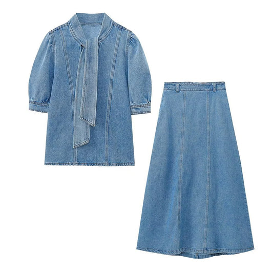 LISA Summer Bow Embellishments Denim Shirt & High Waisted Skirt