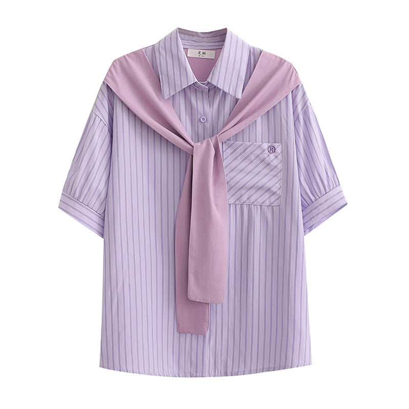 JENNIE Faux Layer Vertical Stripe Shawl Shirt