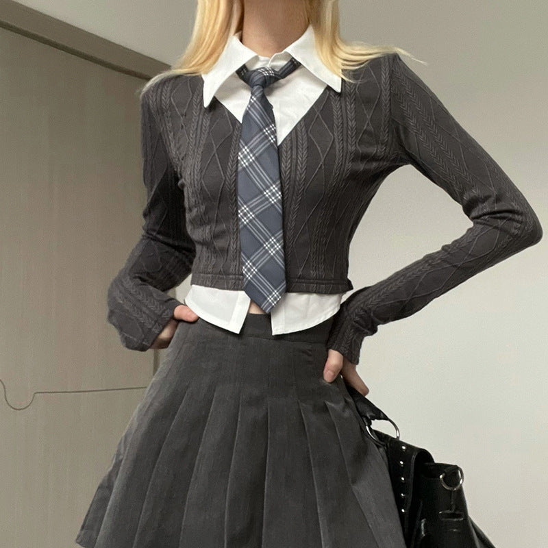 JENNIE Long-Sleeved College Girl Faux Layer Tie Shirt