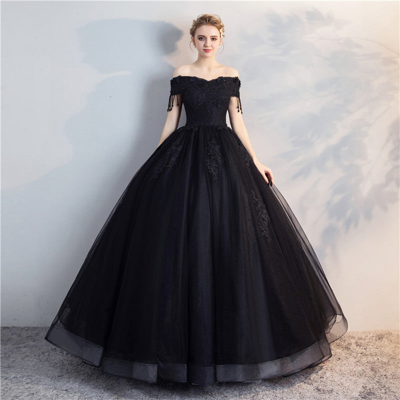 LISA Black Off-Shoulder Puffy Long Evening Dress