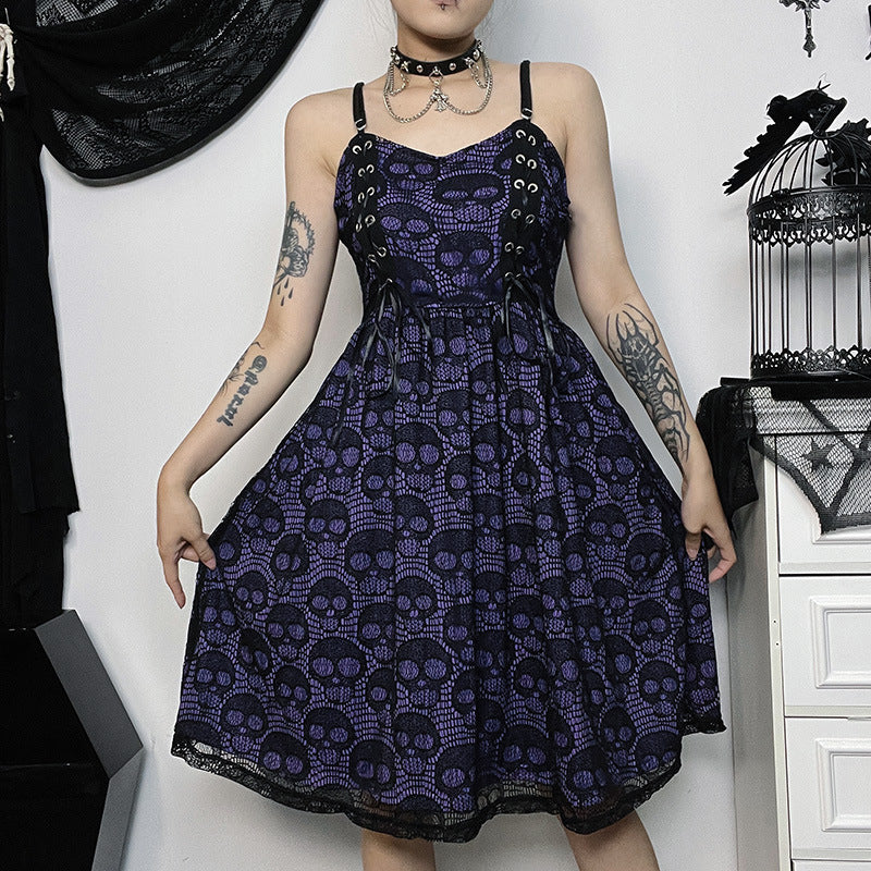 HANNI Gothic Style Sliming Skull Print Slip Dress