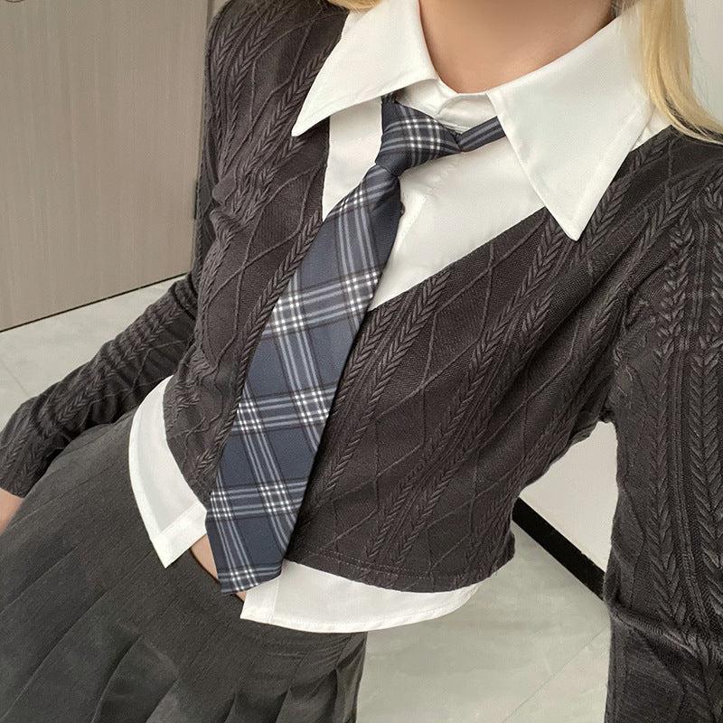 JENNIE Long-Sleeved College Girl Faux Layer Tie Shirt