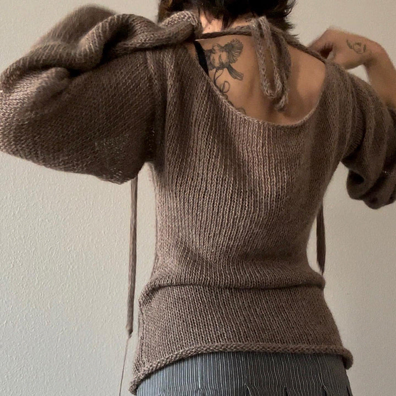 JISOO Retro Openwork Loose Horn Long-Sleeved Casual Sweater Top