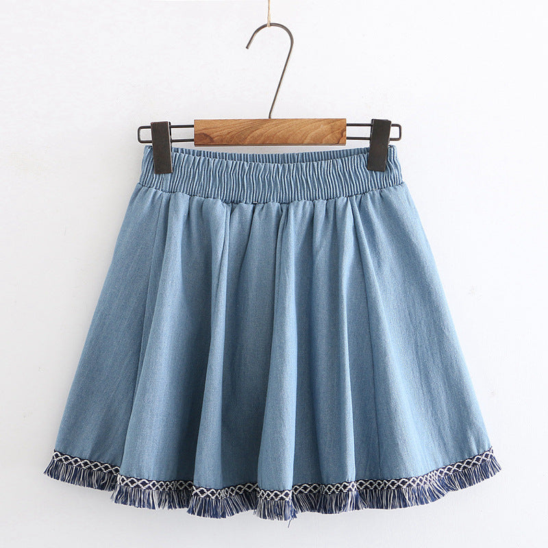 JENNIE Fringed Raw Denim Mini Skirt