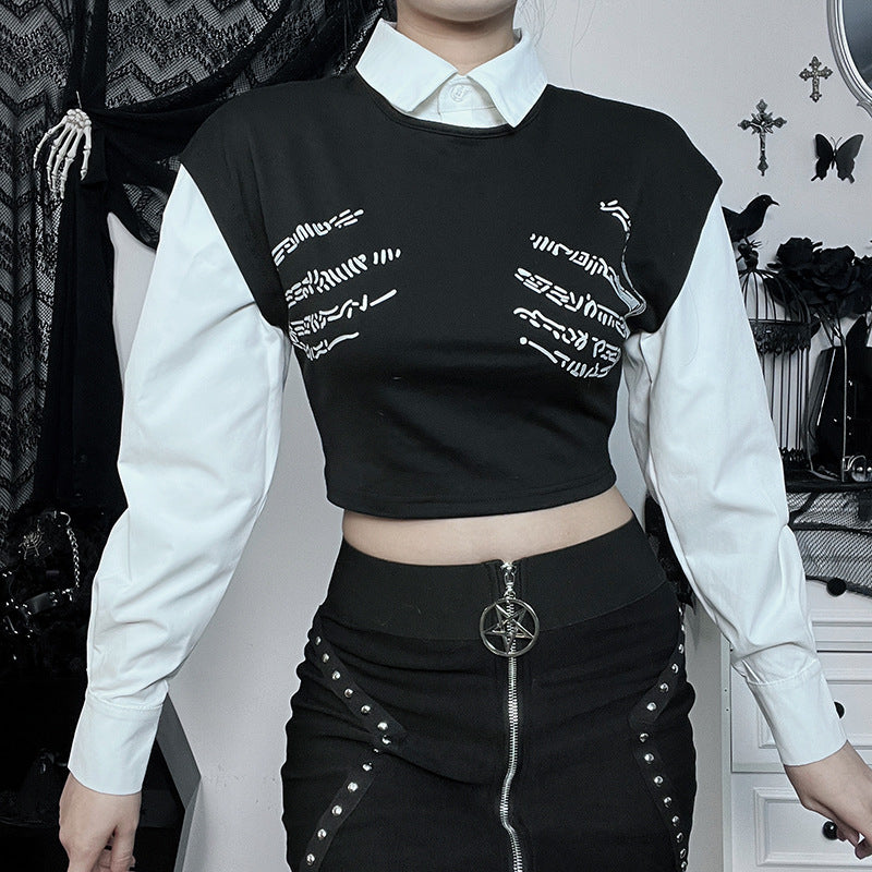 MINJI Punk Style Skull Print Polo Collar Faux Layer Sweater Shirt Top