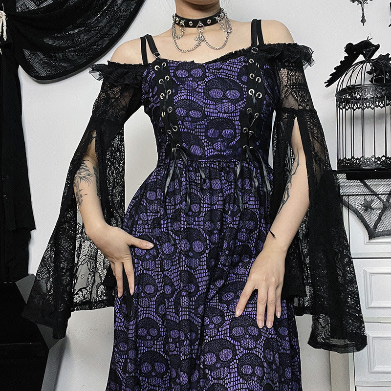 HANNI Gothic Style Sliming Skull Print Slip Dress