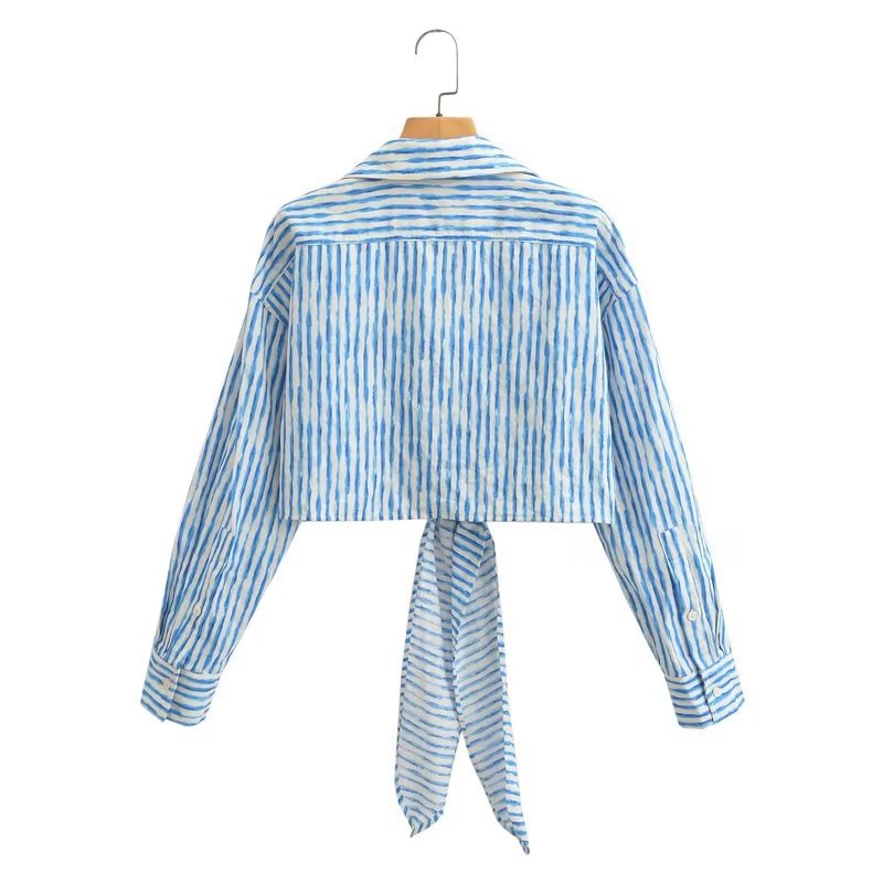 MINJI Loose Knotted Cropped Striped Linen Shirt Top