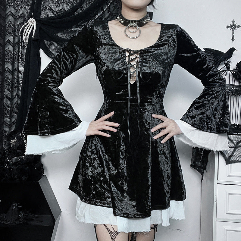 HANNI Gothic Elegant Style Velvet Cuffs Witch Dress