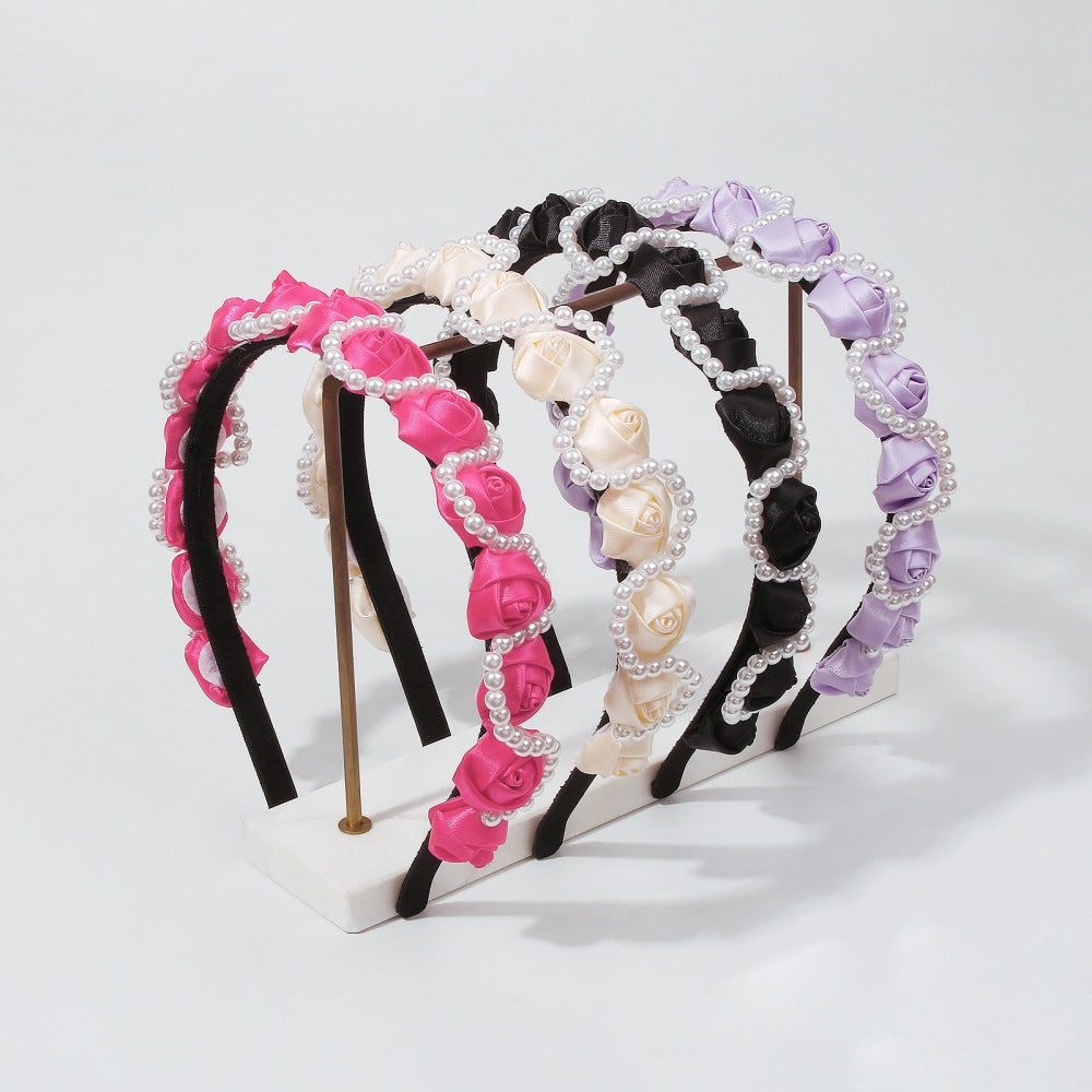 JISOO Fabric Rose Faux Pearl Weaving French Romantic Style Headband