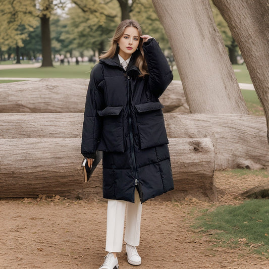 LIZ Kpop Style Winter Chic Breaded Thick Cotton-Padded Big Pockets Long Puffer Coat.