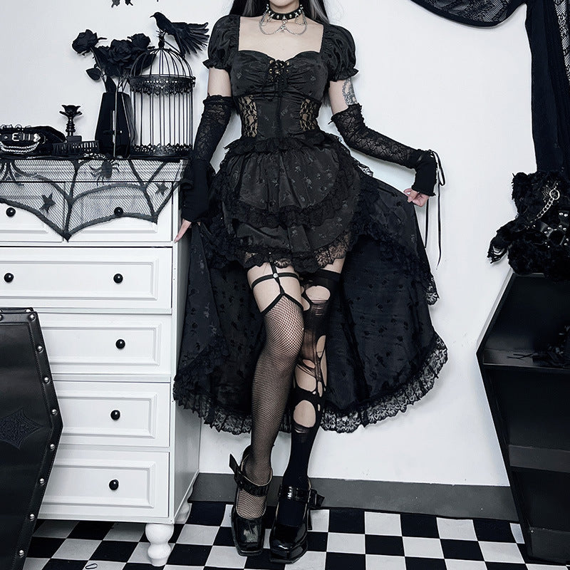 HANNI Gothic Style Tailed Waist Skirt Elegant Palace Style Jacquard Stitching Blouse Top