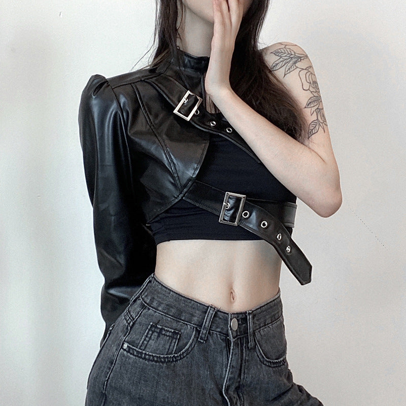 LISA Concave Shape Metal Buckle Single-Shoulder Faux Leather Top