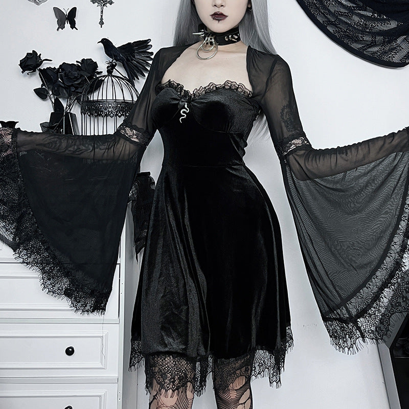 HANNI Gothic Elegant Style Mesh Flared Sleeve Dress