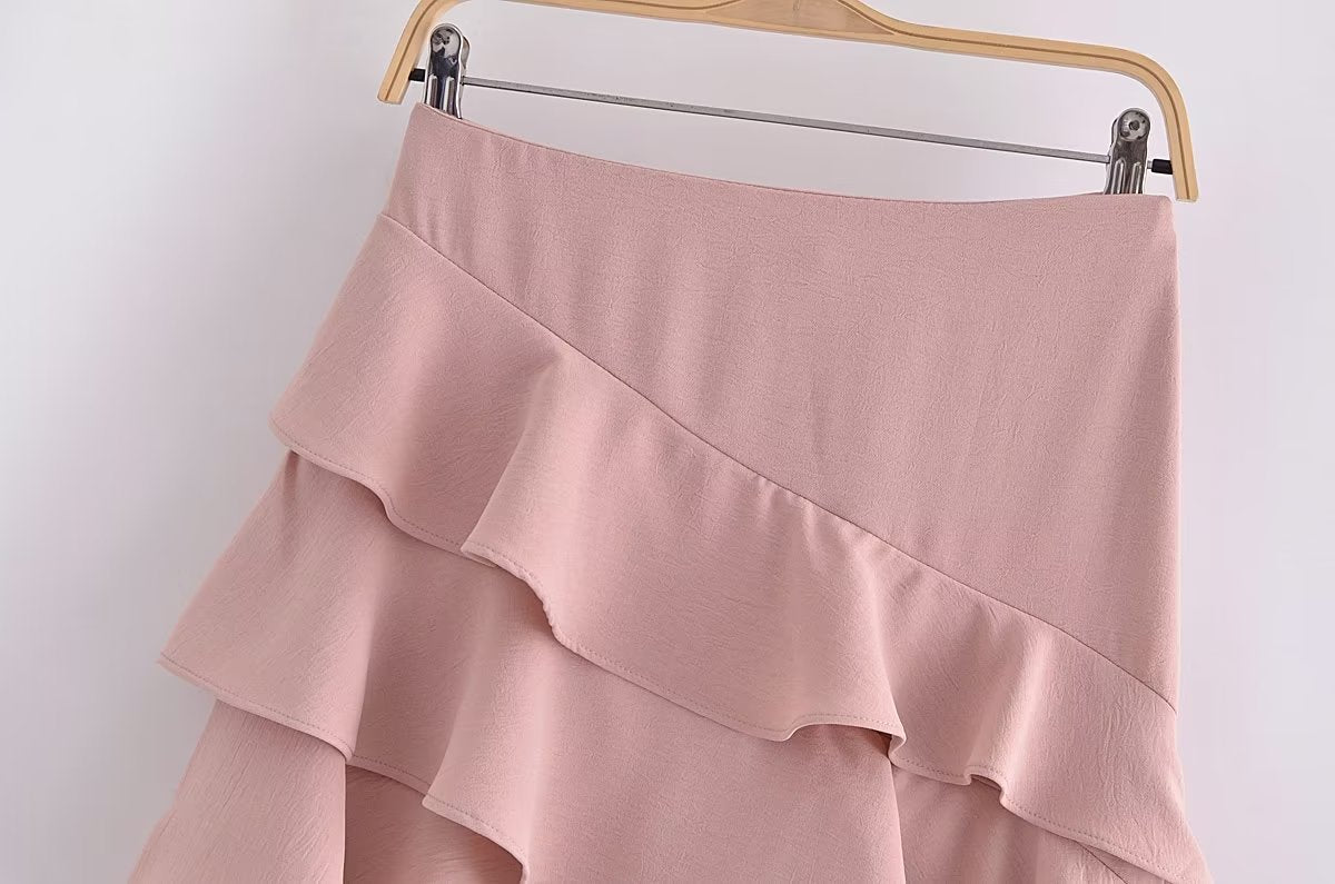 JENNIE Summer Style High-Rise Stacked Ruffle Ribbon Irregular Skirt