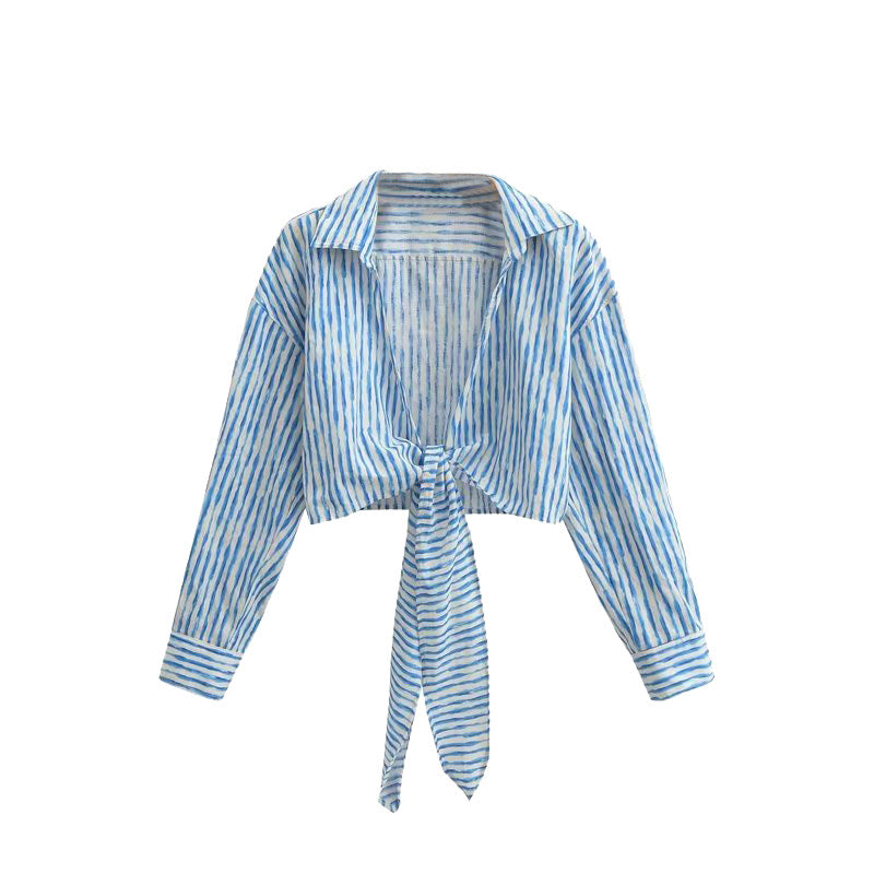 MINJI Loose Knotted Cropped Striped Linen Shirt Top