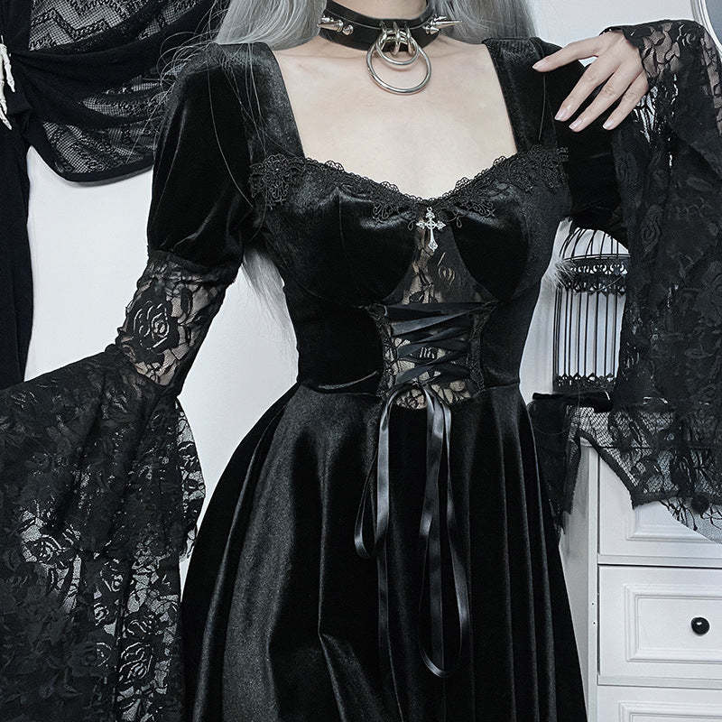 HANNI Gothic Elegant Style Lace Splice Slim Fit Flare Sleeve Waist Wrapped Dress