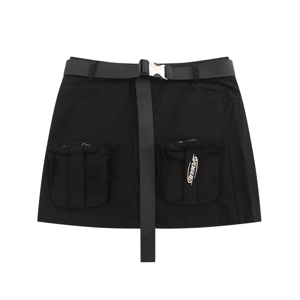 HANNI Belted Cargo Denim Mini Skirt