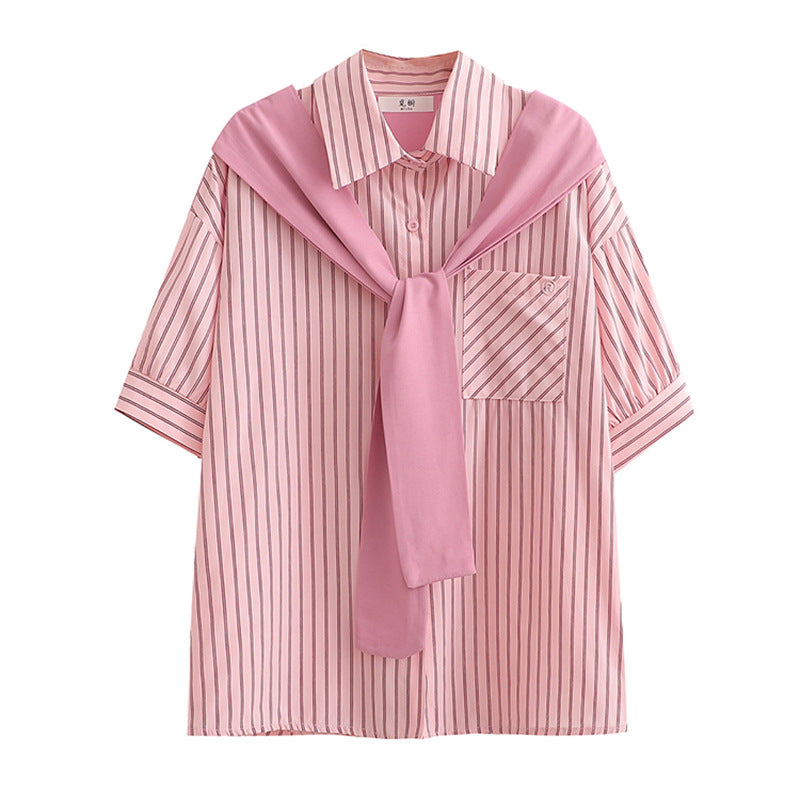 JENNIE Faux Layer Vertical Stripe Shawl Shirt