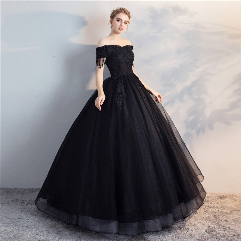 LISA Black Off-Shoulder Puffy Long Evening Dress