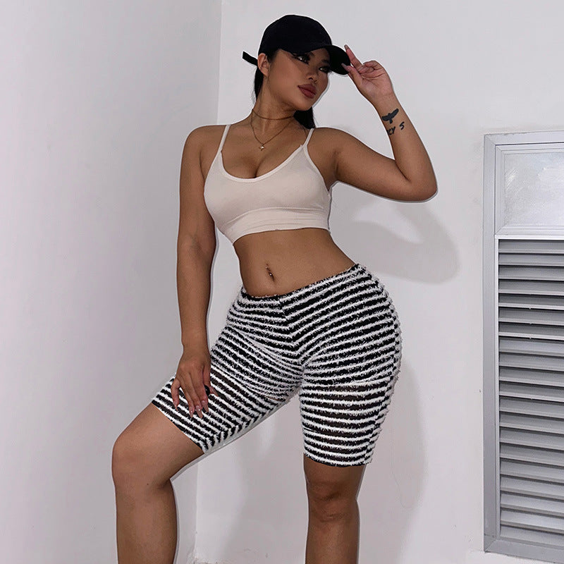 LISA Ins Style High Waist Striped Hip Lifting Mid Length Shorts