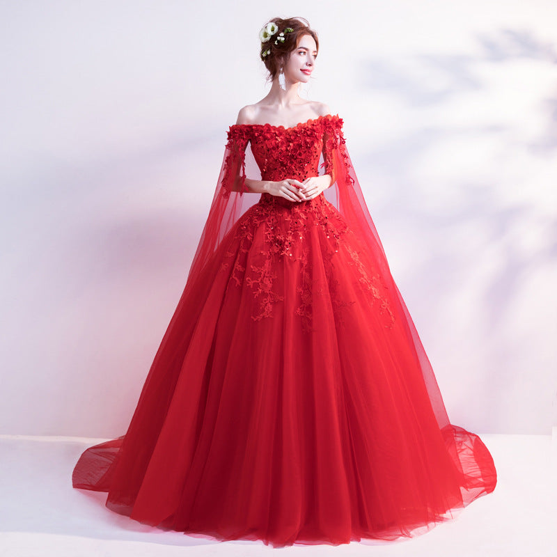 ROSE Red Shawl Long Sleeves Bride Wedding Fairy Evening Dress