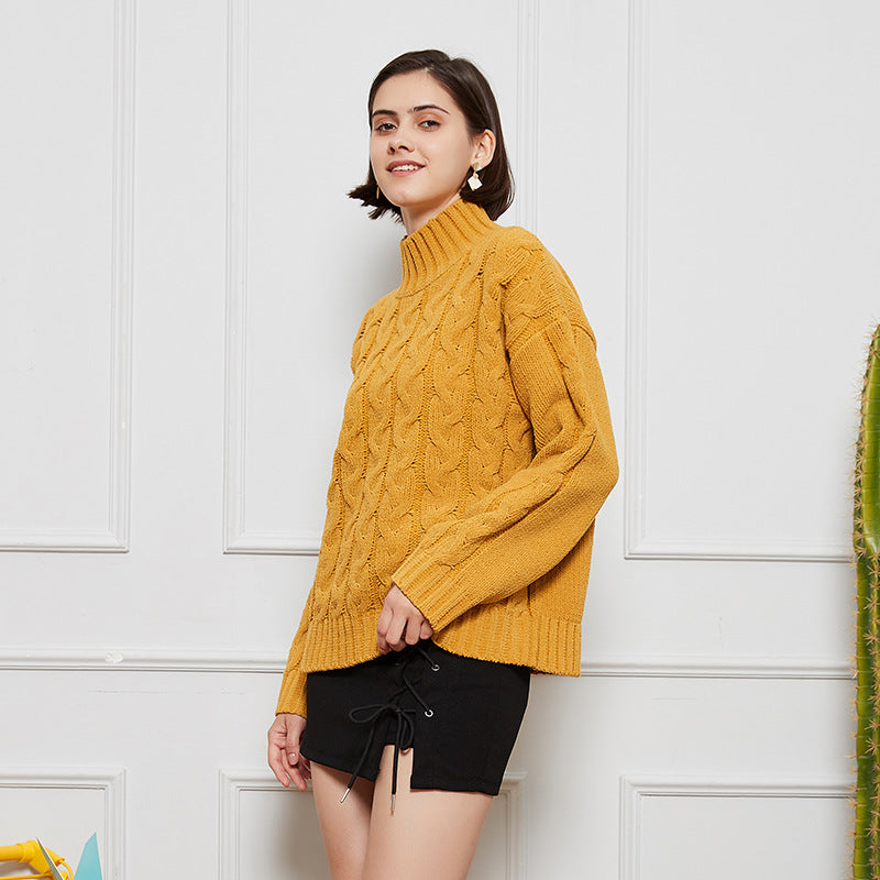 JISOO Winter Basics Lazy Wool Chimney Collar Loose Pullover Sweater