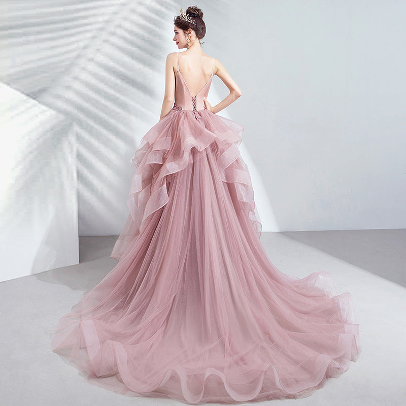 ROSE Pink Cloud Sling Tail Wedding Dress
