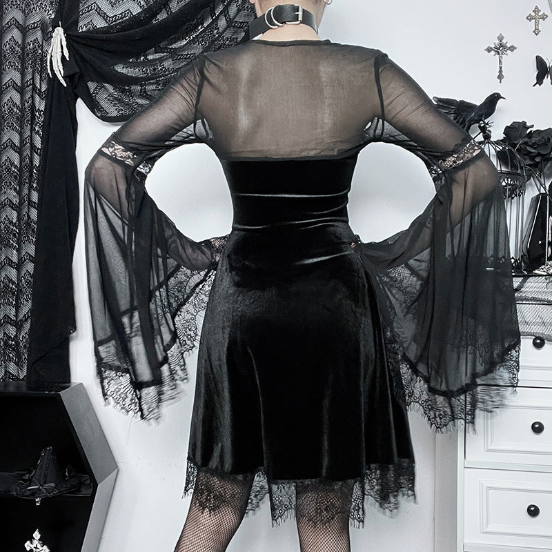 HANNI Gothic Elegant Style Mesh Flared Sleeve Dress